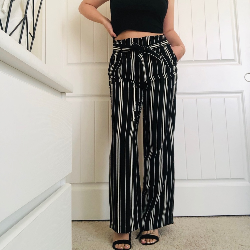 Black and White Striped Paperbag Pants